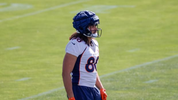 Denver Broncos tight end Greg Dulcich (80) during training camp at Centura Health Training Center.